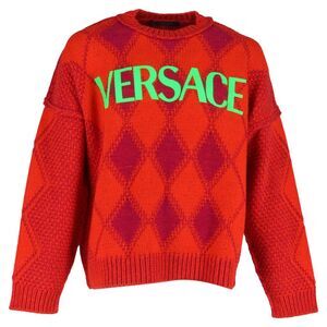 Versace Logo Argyle Sweater in Red Wool